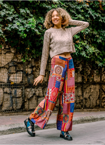 Palazzo Yüksek Bel Bol Kesim Kırmızı Desenli Pantolon 6580